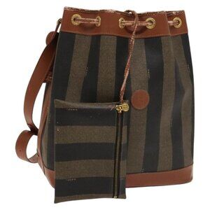 Authentic FENDI Pecan Canvas Shoulder Bag PVC Black Brown